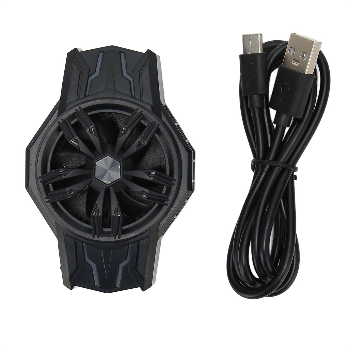Ein schwarzer Telefonkühler mit einem Lüfter und einem USB-Kabel daneben.