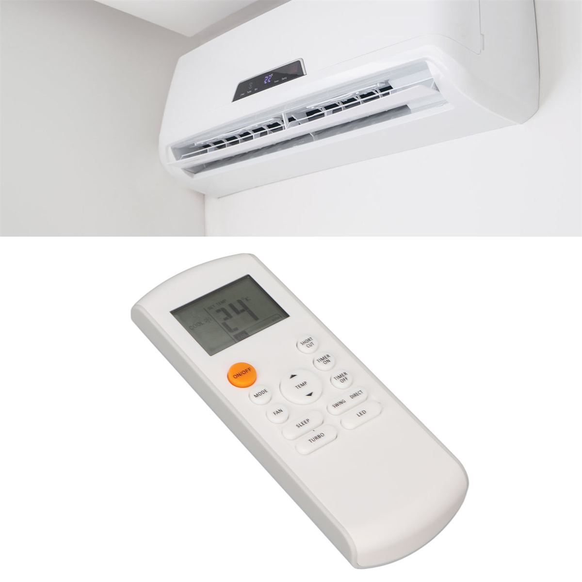 Eine Klimaanlage und ihre Fernbedienung. Die AC ist weiß, die Fernbedienung ist weiß.