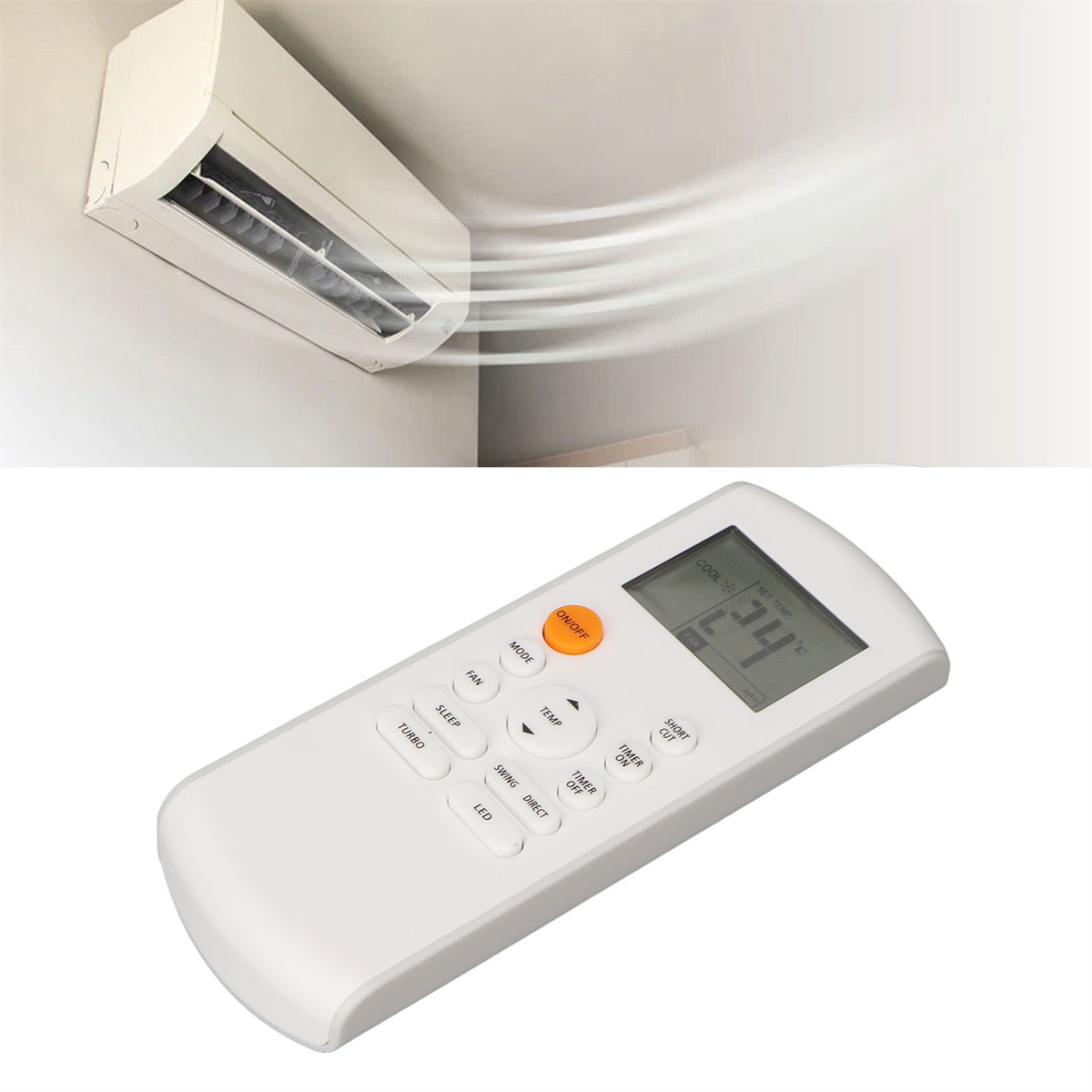 Weiße Klimaanlage an einer Decke und eine weiße Fernbedienung mit orangefarbener Taste.