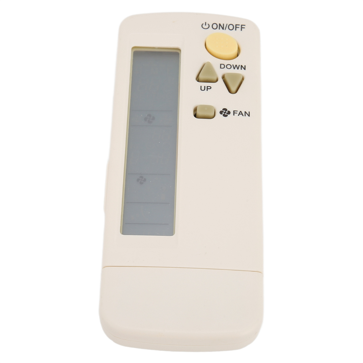 Elfenbeinfarbene Fernbedienung mit Tasten für Ein/Aus, Auf/Ab und Ventilator, auf weißem Hintergrund.