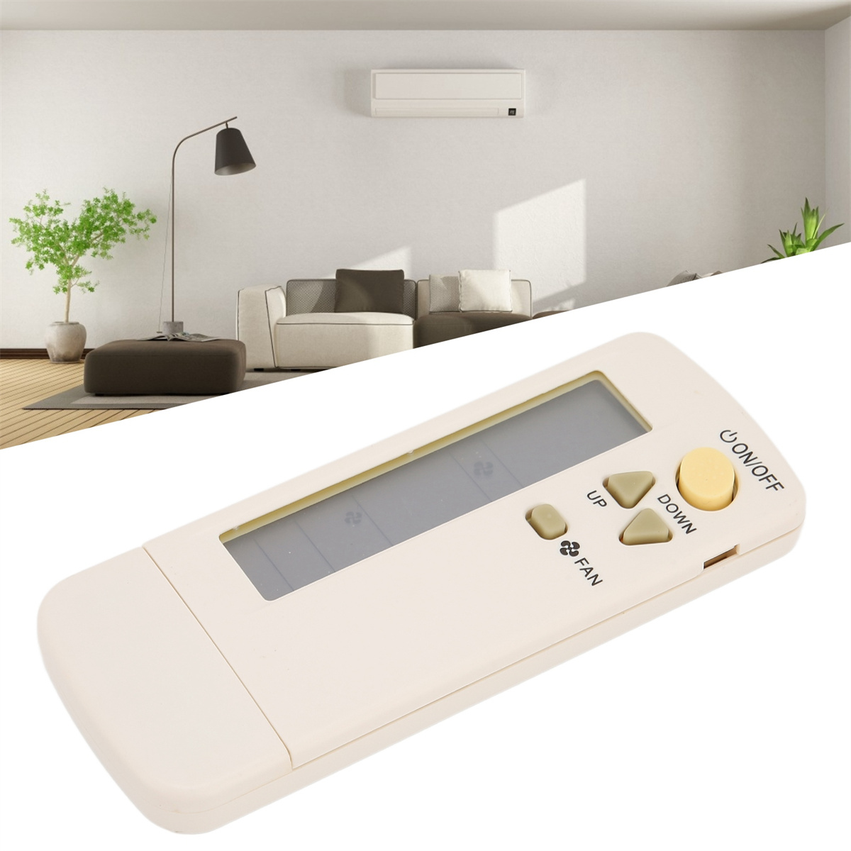 Eine beige Klimaanlagen-Fernbedienung mit Knöpfen und einem Bildschirm.