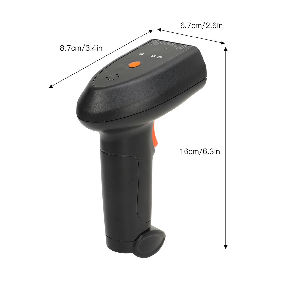 Schwarzer Barcodescanner mit orangefarbener Taste, Maße auf Weiß.