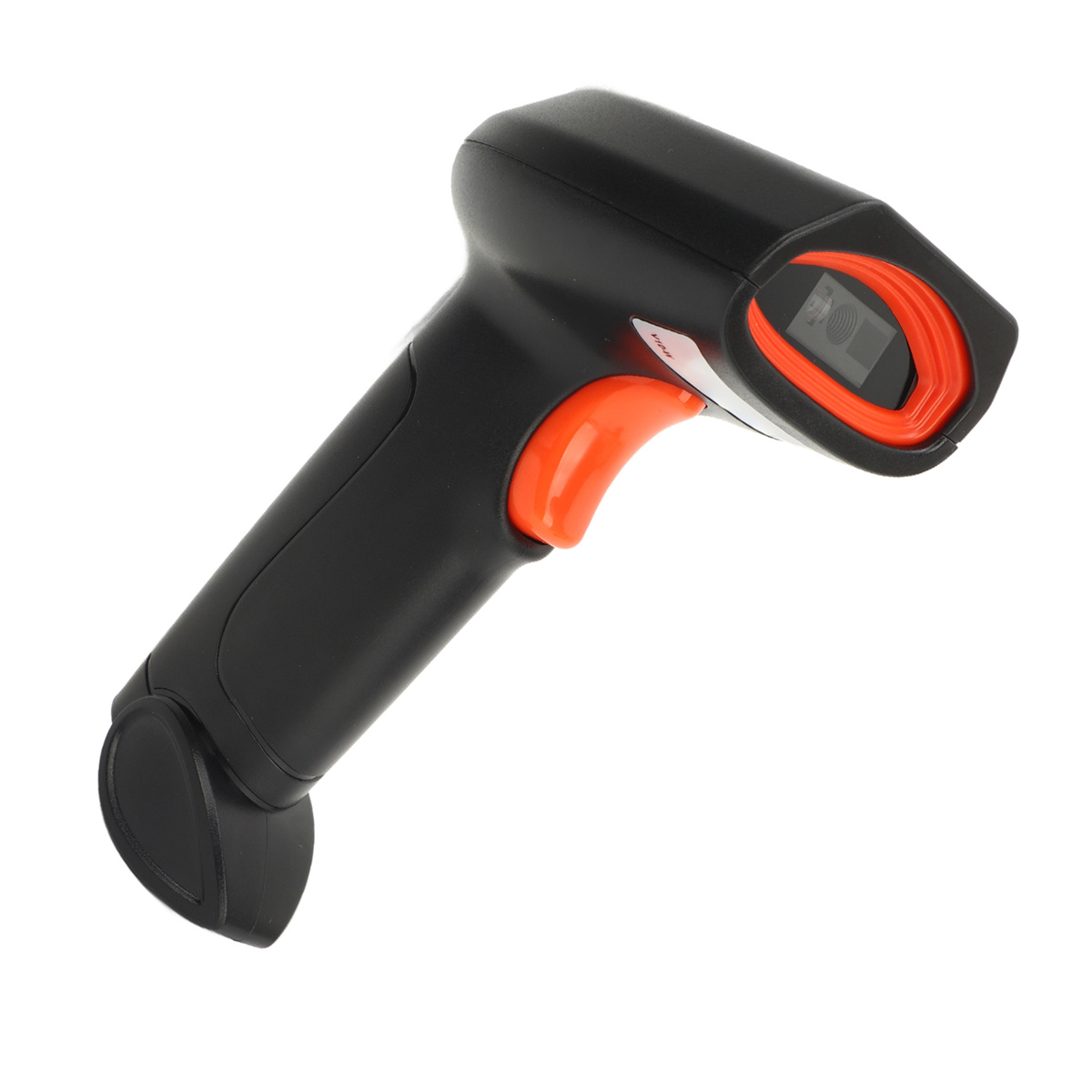 Ein schwarz-oranger Barcode-Scanner. Der Scanner hat einen orangefarbenen Auslöser und ein rotes Scannerfenster.