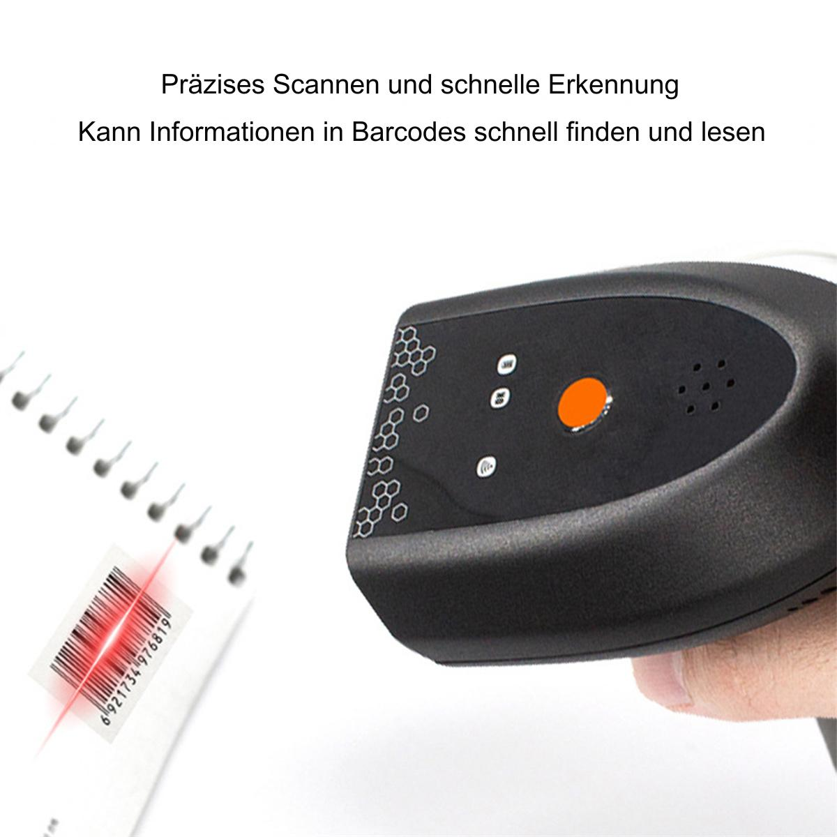 Schwarzer Barcodescanner. Links befindet sich ein Notizbuch mit einem Barcode-Aufkleber.