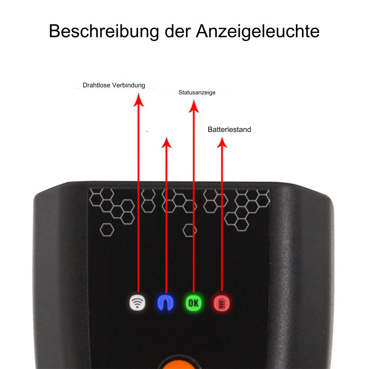 Nahaufnahme eines Geräts. Beschriftungen: drahtlose Verbindung, Status und Akkuladestand.