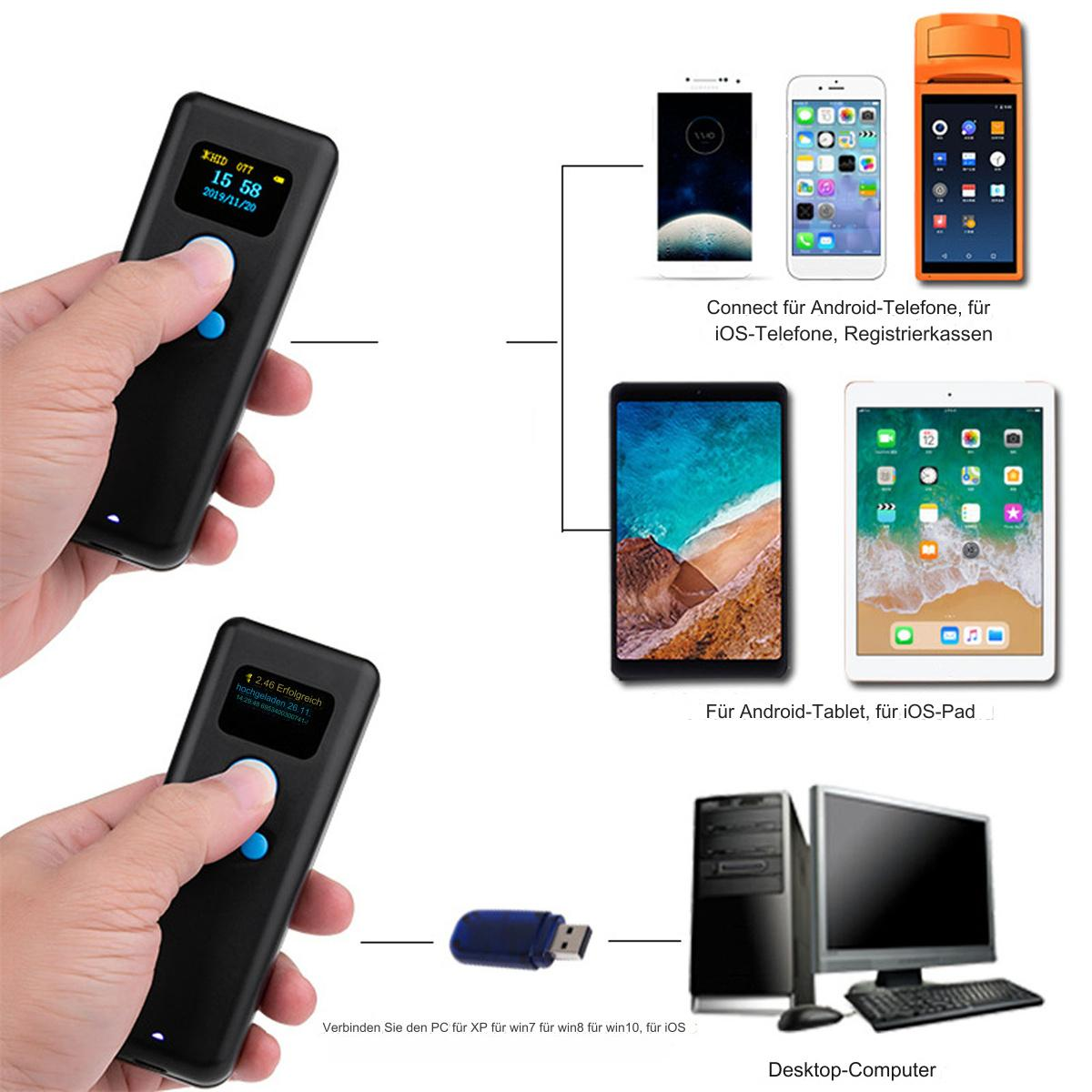 Zwei Hände halten Scanner, verbunden mit Telefonen, Tablets und einem Computer, zeigen Informationen.