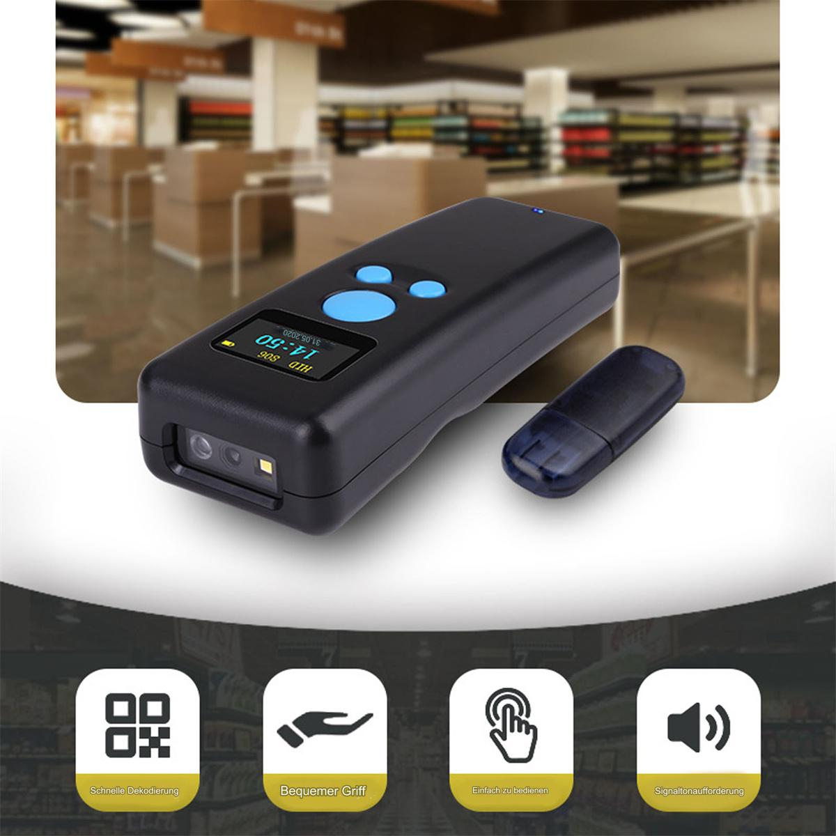Schwarzer Barcodescanner mit blauen Tasten und Display sowie einem separaten schwarzen USB-Dongle.