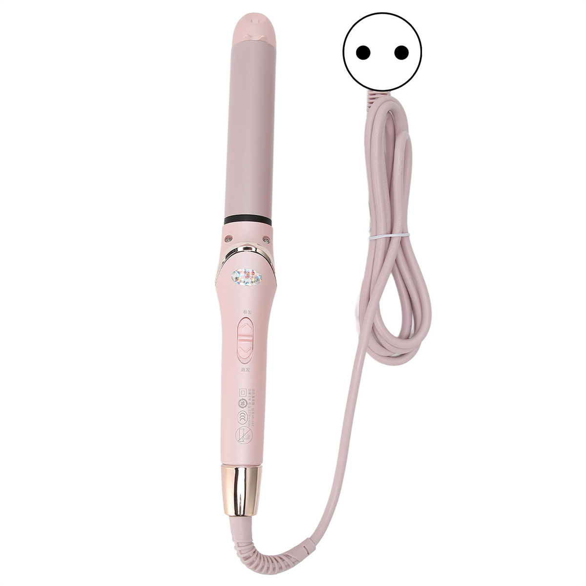 Ein rosa Lockenstab mit rosa Kabel und Stecker. Er hat einen abgerundeten Lauf und einen rosa Griff.