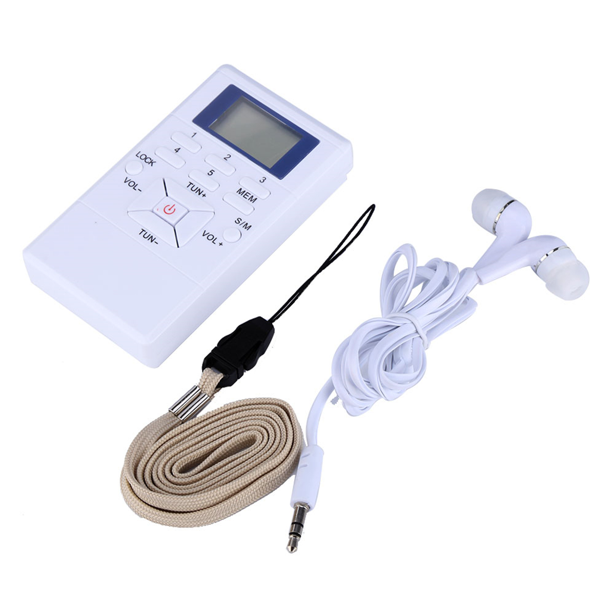 Ein weißes Digitalradio mit Knöpfen, einem kleinen Bildschirm, einem Schlüsselband und weißen Ohrhörern.