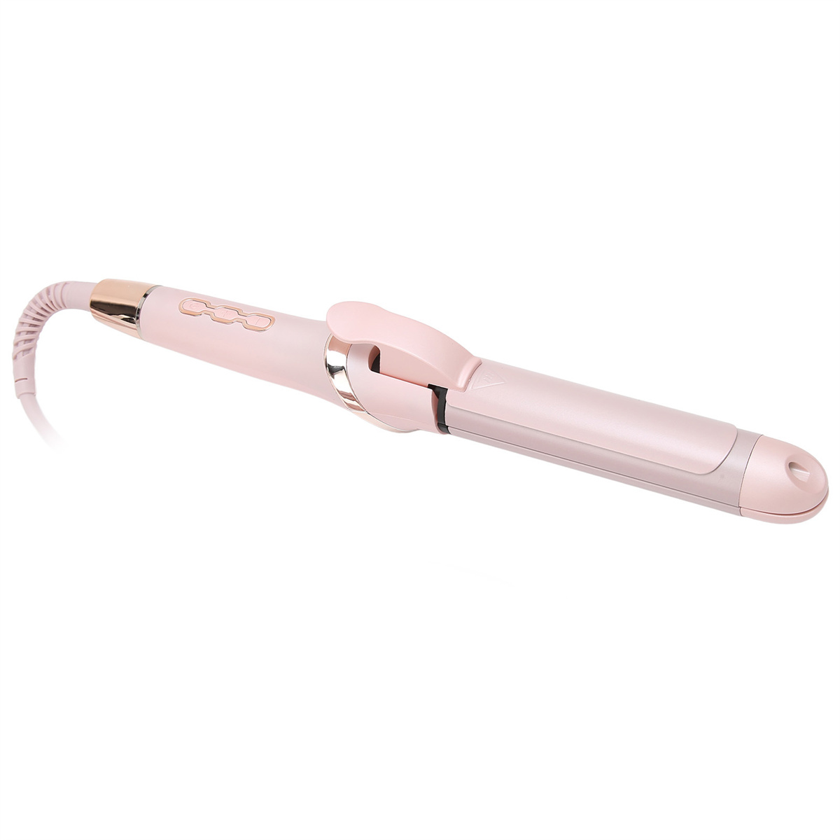 Ein rosa Lockenstab auf weißem Hintergrund, mit Kabelanschluss.