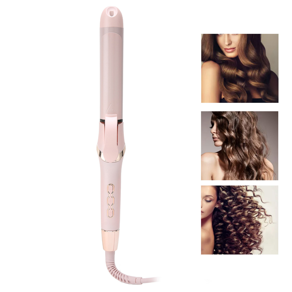 Pinker Lockenstab mit Frisurbeispielen im Hintergrund. Weißer Hintergrund und Netzkabel.