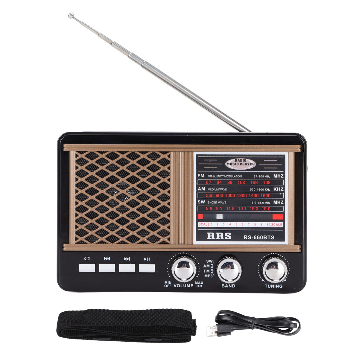 Schwarzes und goldenes Retro-Radio mit Antenne, Knöpfen und Beschriftungen.