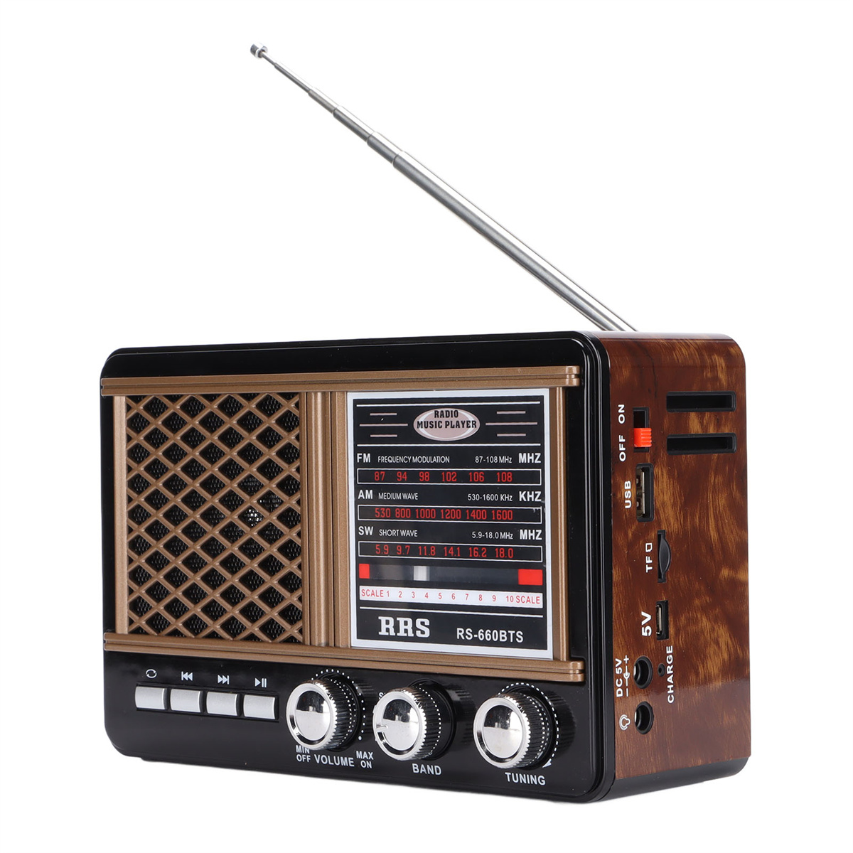 Ein Radio im Vintage-Stil mit Holzoberfläche, Antenne und Bedienknöpfen.