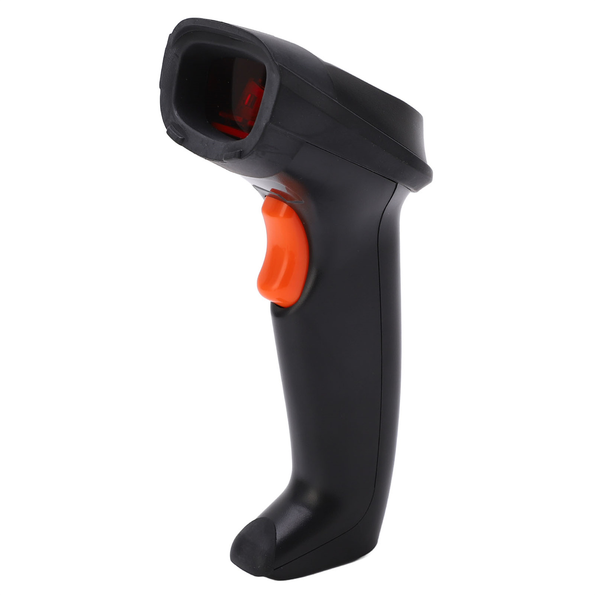 Schwarzer Barcode-Scanner mit orangefarbenem Auslöser. Der Scanner ist nach oben abgewinkelt.