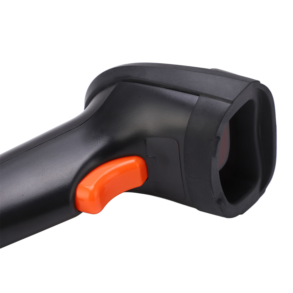 Nahaufnahme eines schwarz-orangenen Barcode-Scanners. Die orangefarbene Taste befindet sich am Griff.
