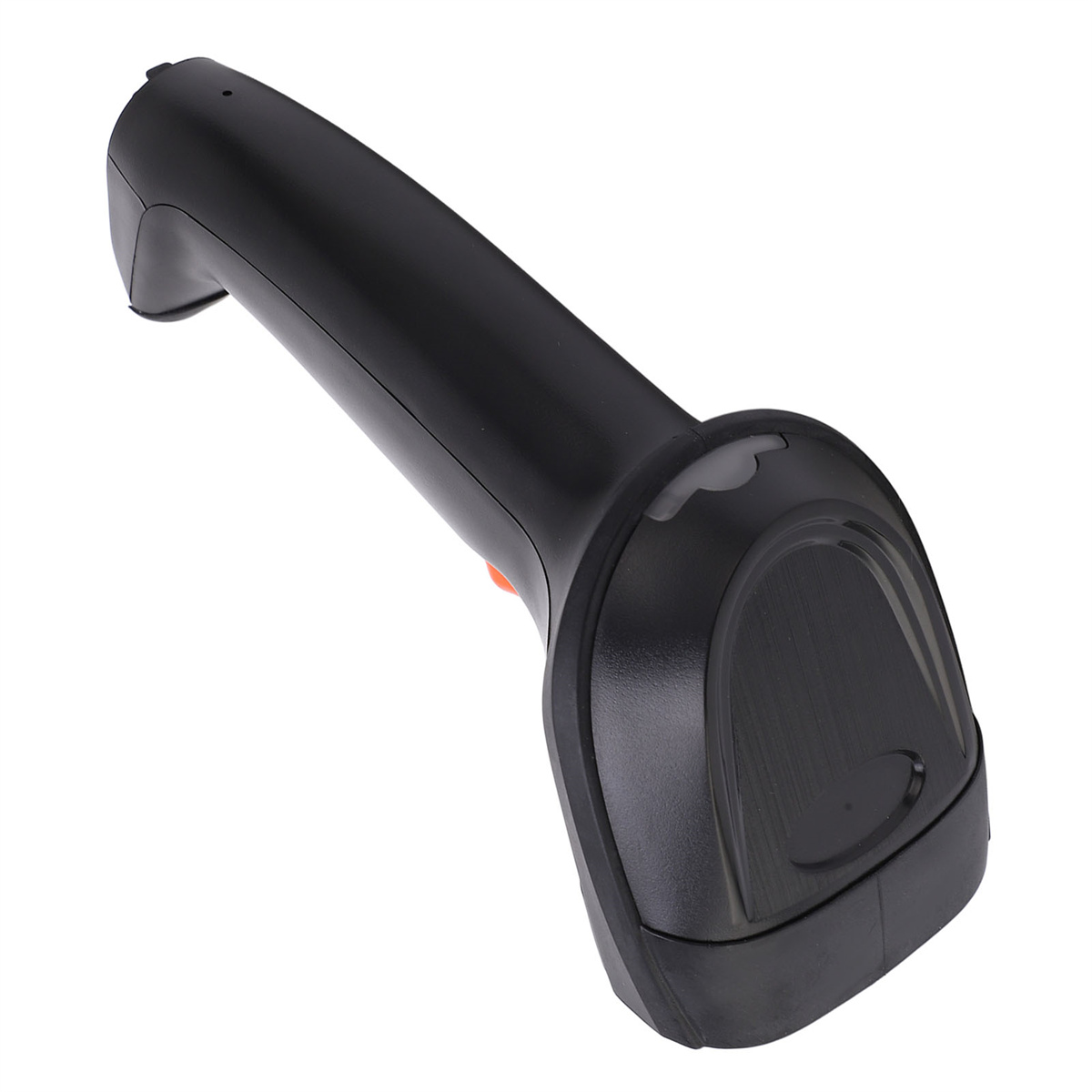 Ein schwarzer Barcode-Scanner mit einer orangefarbenen Taste. Der Scanner ist in einem Winkel auf weißem Hintergrund.