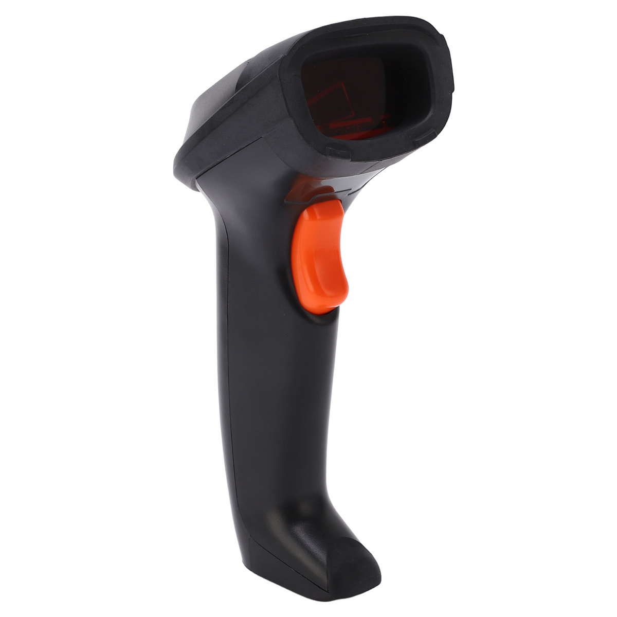 Ein schwarzer Barcode-Scanner mit einer orangefarbenen Taste am Griff wird auf weißem Hintergrund gezeigt.