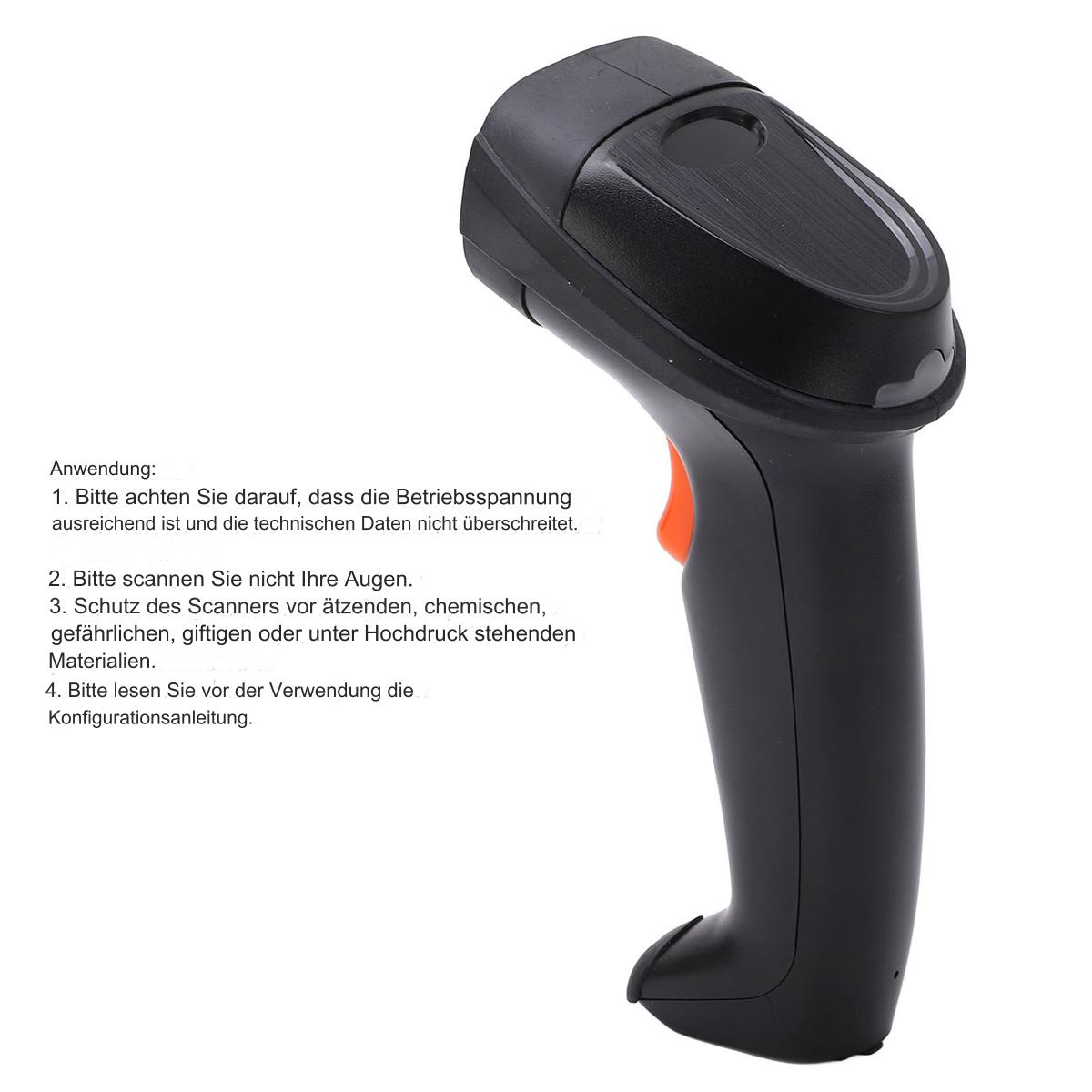 Schwarzer Barcode-Scanner mit orangefarbenem Auslöser und Anweisungen auf Deutsch.