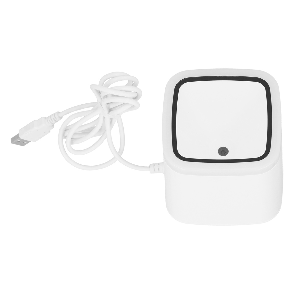Weißer Scanner mit schwarzem Rahmen und USB-Kabel.