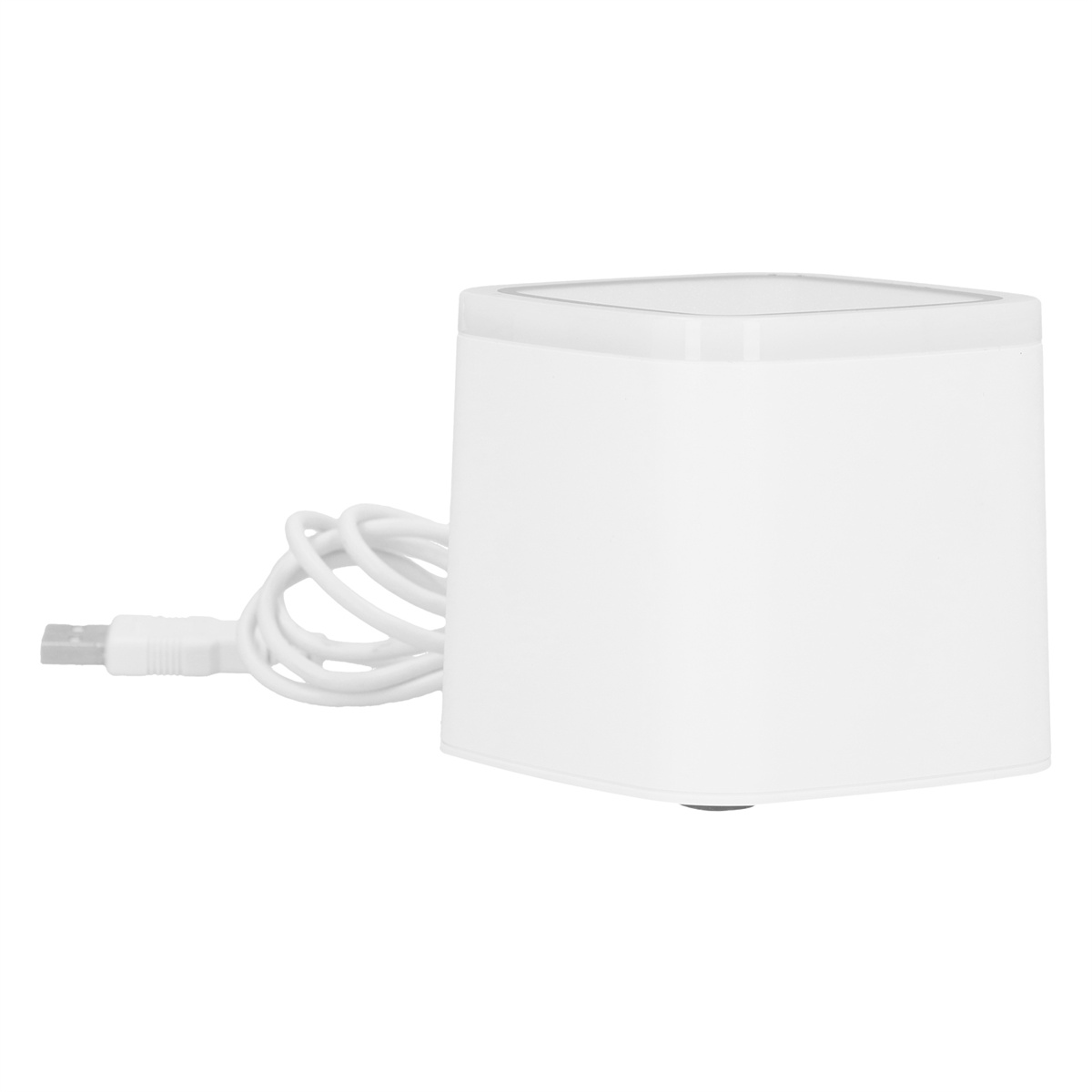 Weißer würfelförmiger Lautsprecher mit USB-Kabel, weißer Hintergrund.