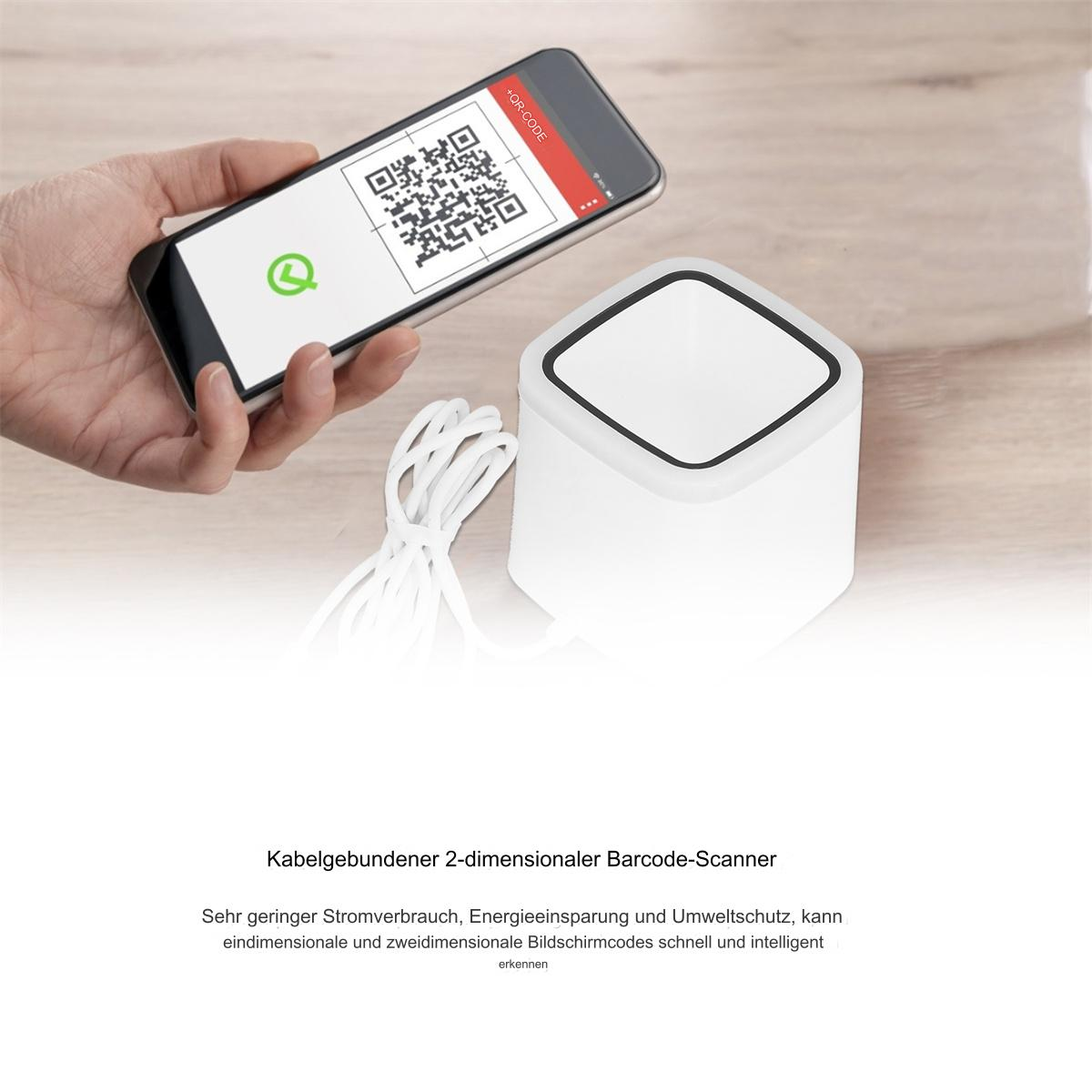Eine Hand hält ein Smartphone mit einem QR-Code. Ein weißer Würfel steht daneben.
