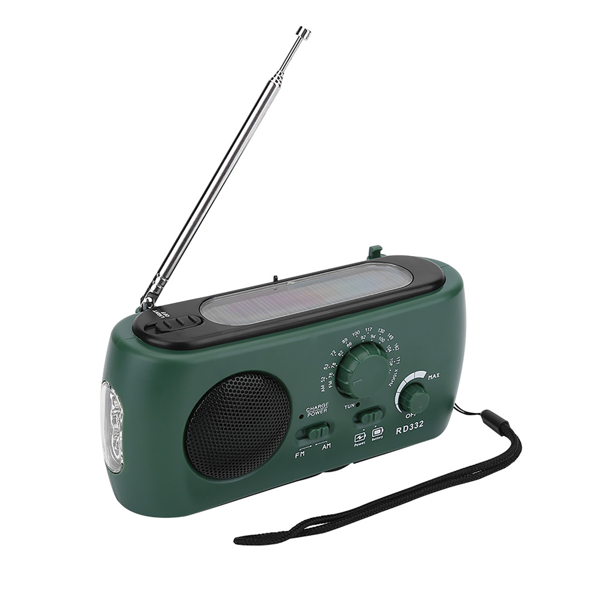 Grünes Notfallradio mit Solarpanel und Griff, vor weißem Hintergrund.