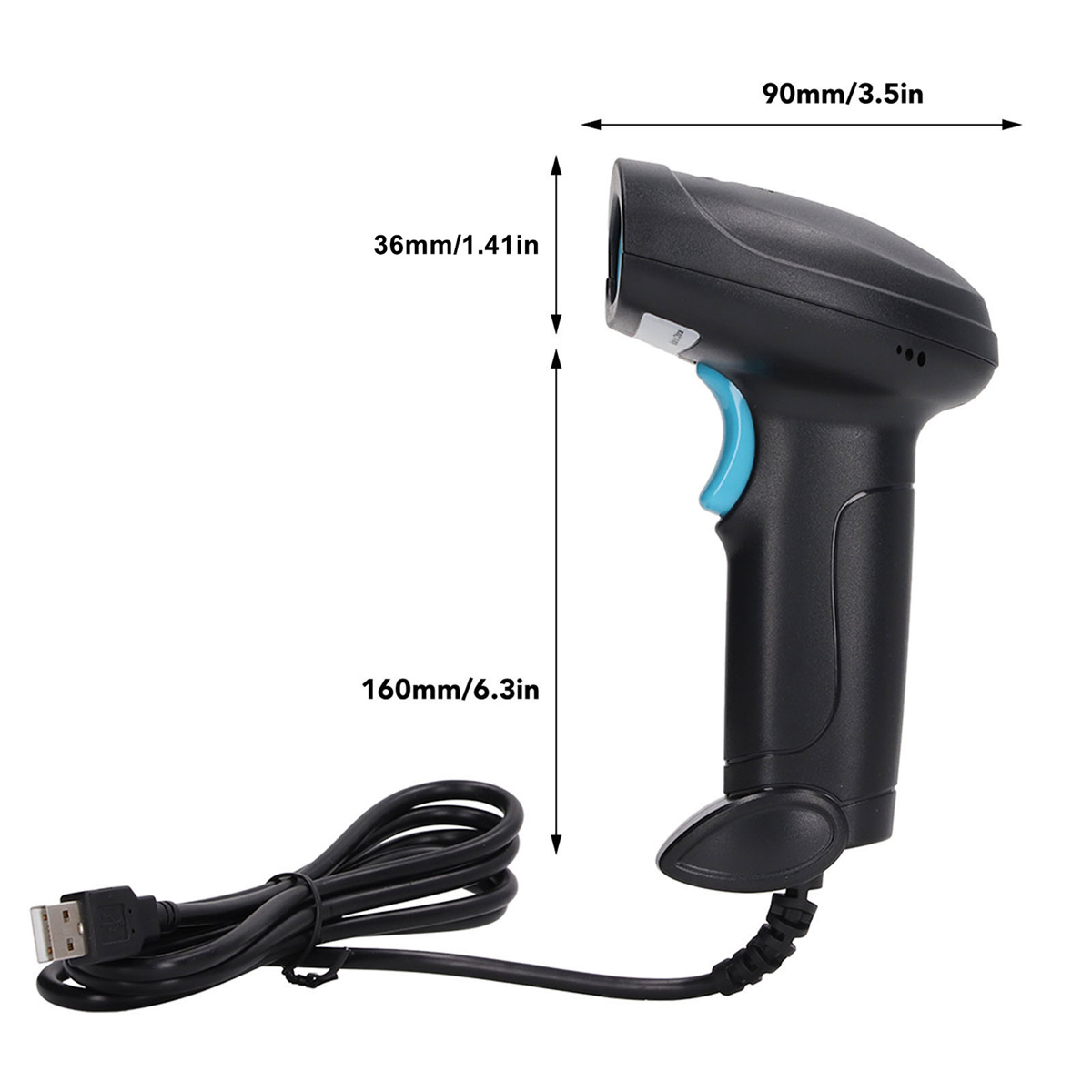 Schwarzer Barcode-Scanner mit USB-Kabel. Maße sind angegeben.