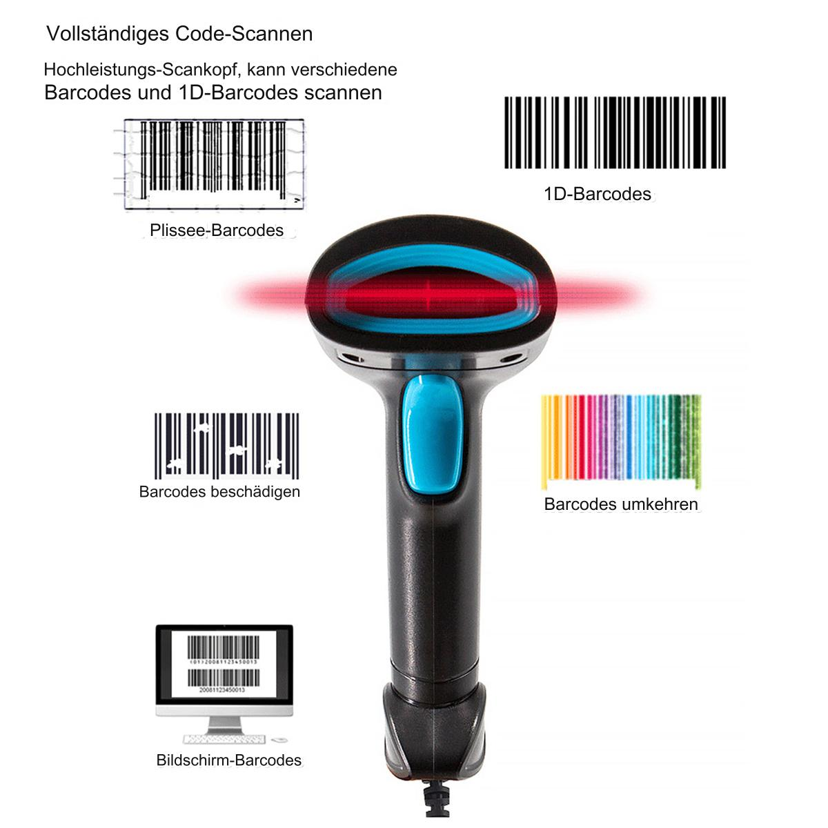 Barcode-Scanner, mit mehreren Barcode-Bildern und einem Diagramm zur Funktionsweise.