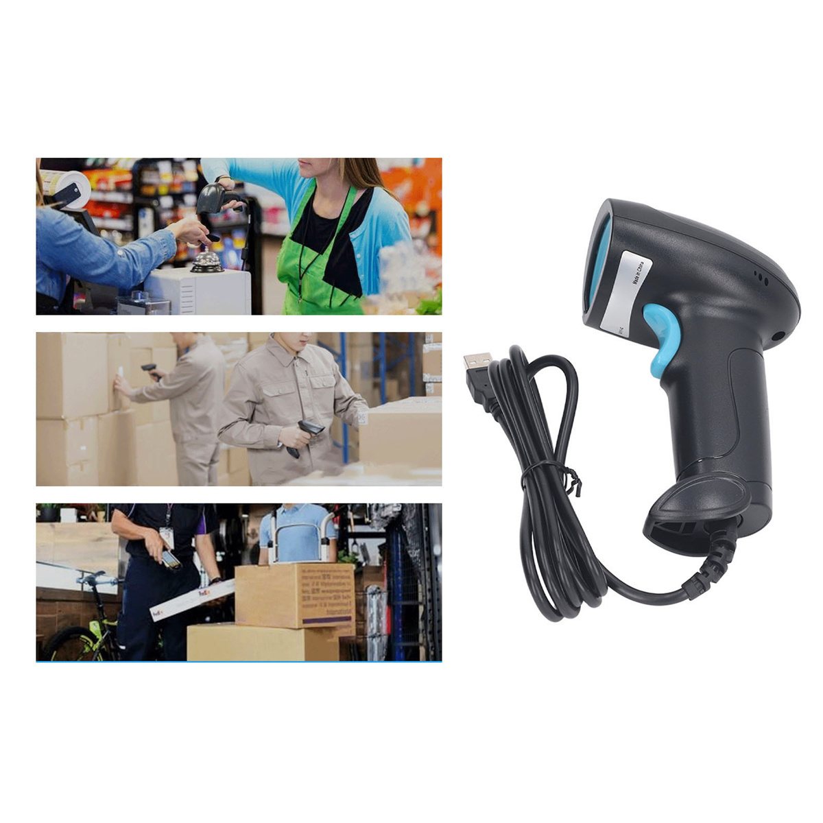 Ein schwarzer Barcode-Scanner und Bilder seiner Verwendung in einem Geschäft, einem Lager und einem Versandort.