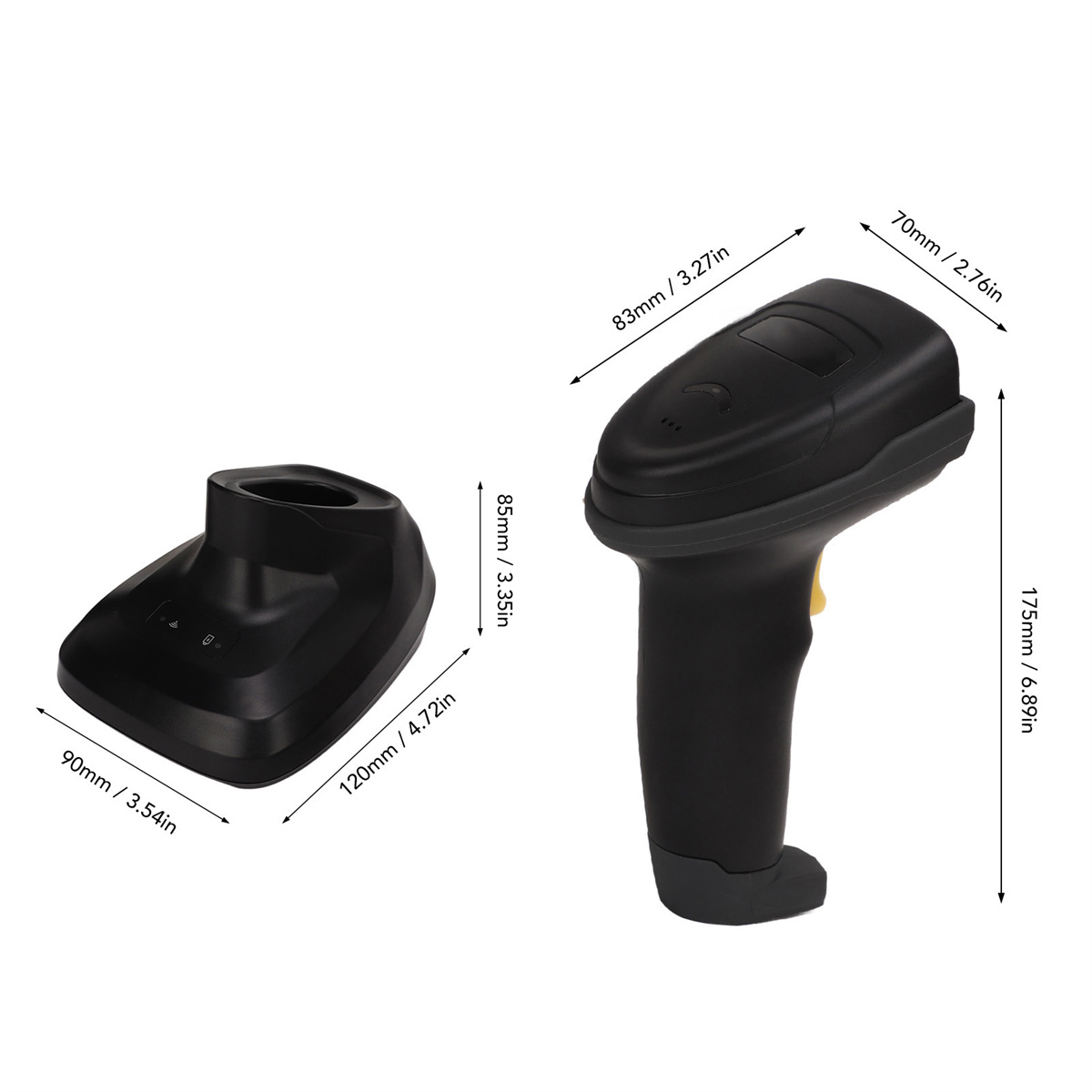 Schwarzer Barcodescanner mit Ladestation. Abmessungen: 175 mm hoch, 83x70 mm Kopf, 120x90 mm Dock.