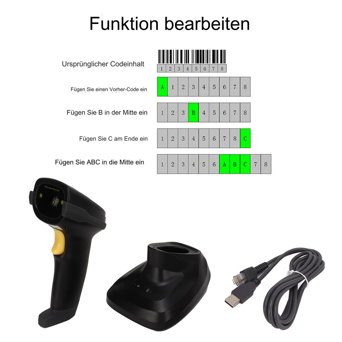 Barcode-Scanner, Basis und Kabel. Diagramm zeigt Code-Modifikation.