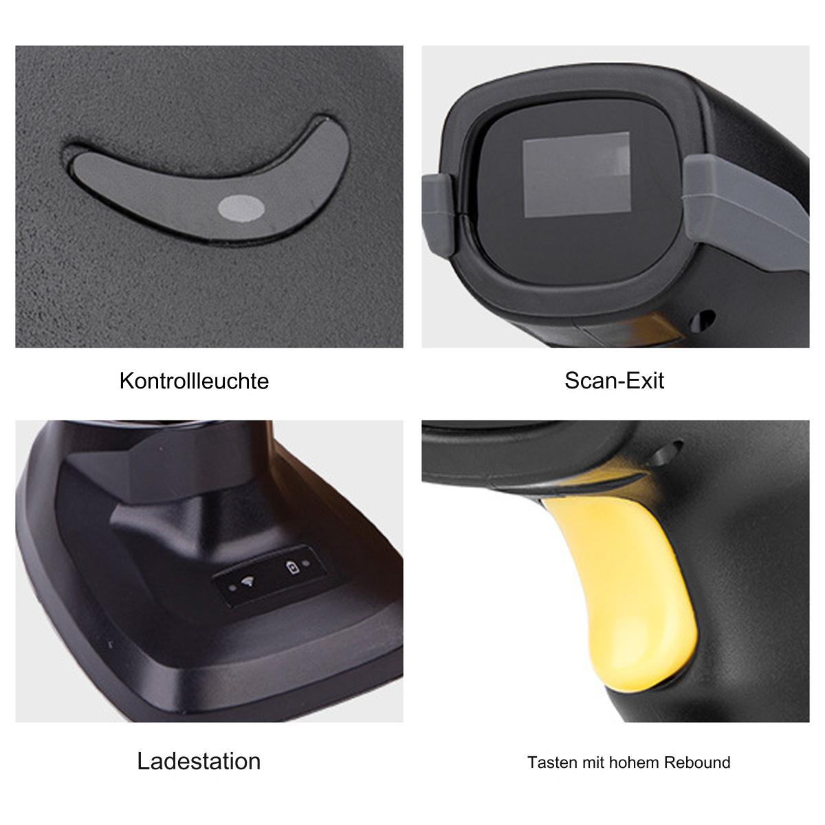 Nahaufnahme eines schwarzen Barcode-Scanners, der verschiedene Teile zeigt: Tasten, Scan-Ausgang und Ladestation.