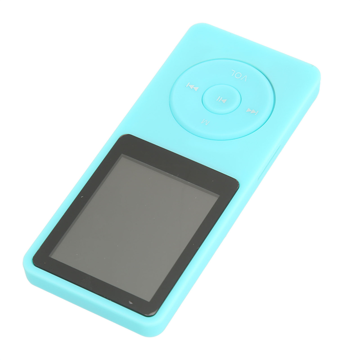 Hellblauer MP3-Player mit Bildschirm und Bedientasten, isoliert auf weißem Hintergrund.