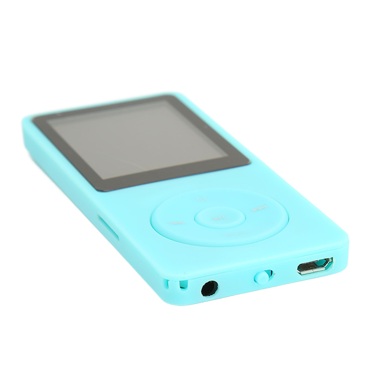 Blauer MP3-Player mit Bildschirm und Knöpfen sowie Kopfhörer- und Ladeanschluss.