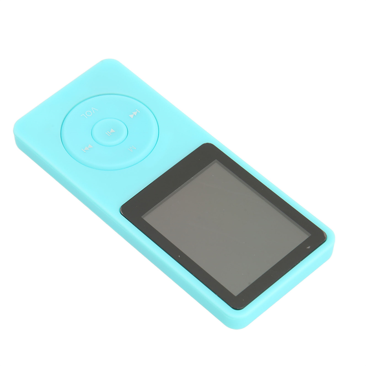 Ein blauer MP3-Player wird gezeigt. Er hat Knöpfe und einen Bildschirm zur Musiksteuerung.