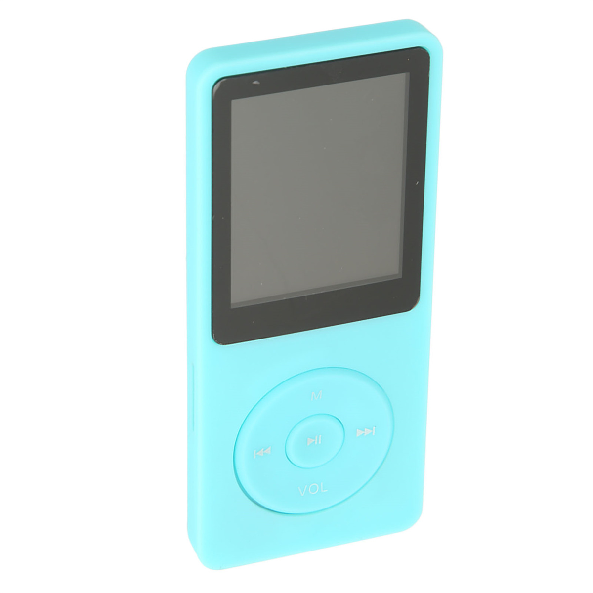 Ein türkis farbener MP3-Player mit Bedienelementen wird vor weißem Hintergrund gezeigt.