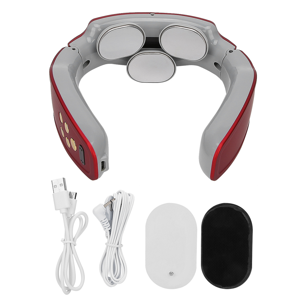 Nackenmassagegerät in Rot und Grau mit drei Metallpads sowie Zubehör wie Kabeln und Pads.