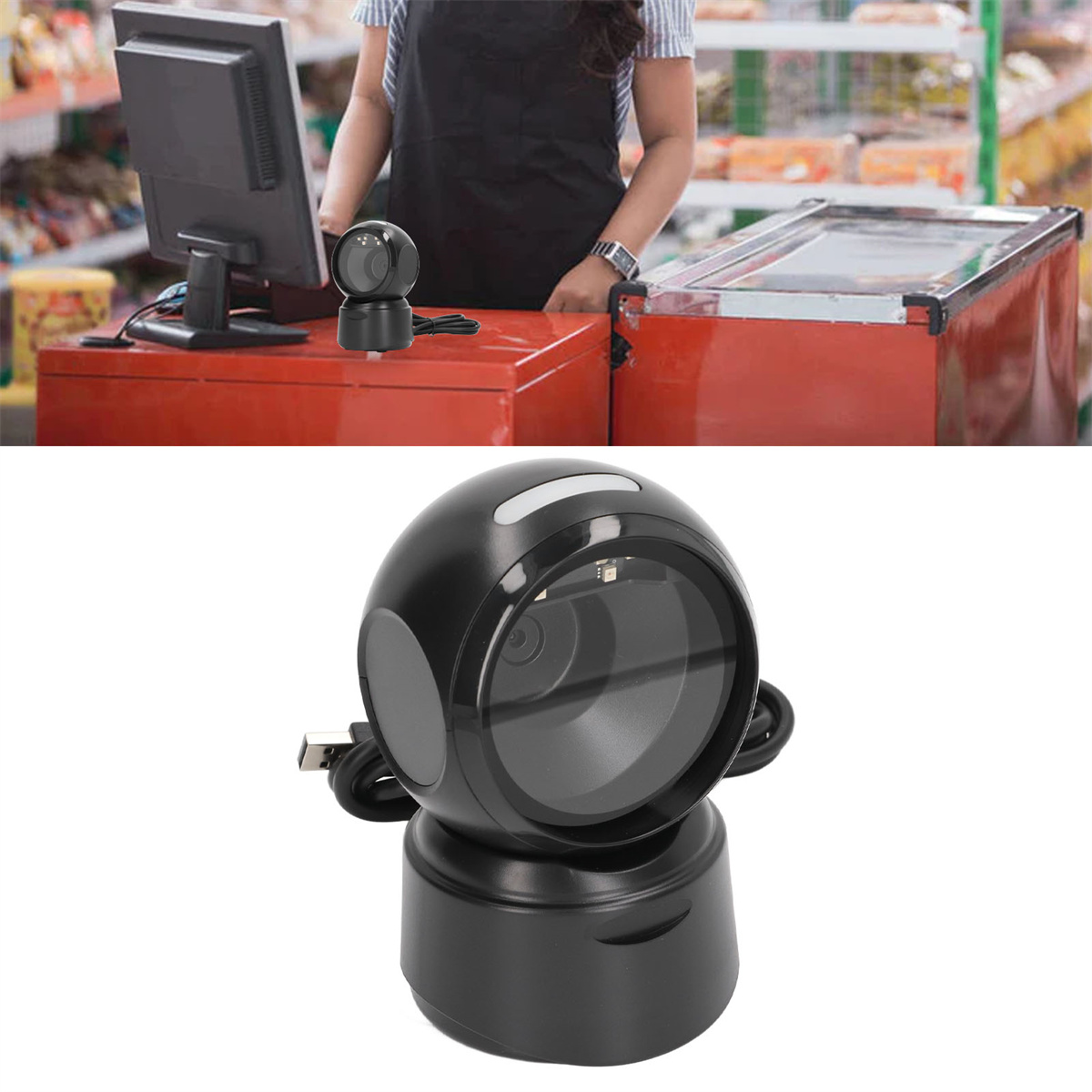Ein schwarzer Barcode-Scanner auf einem Ständer. Eine Person steht hinter einem Tresen.