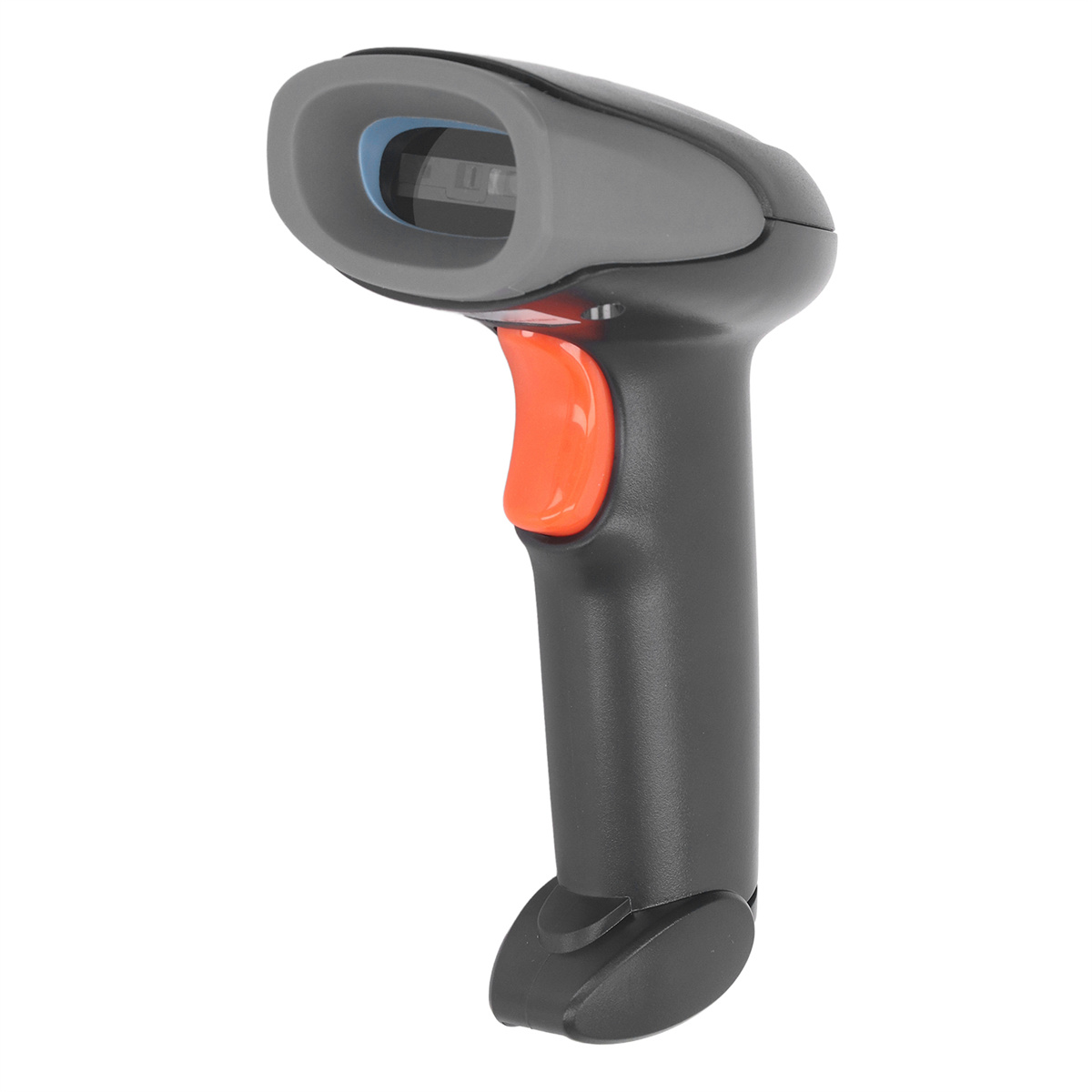 Schwarzer und grauer Barcode-Scanner mit orangefarbener Taste. Weißer Hintergrund.
