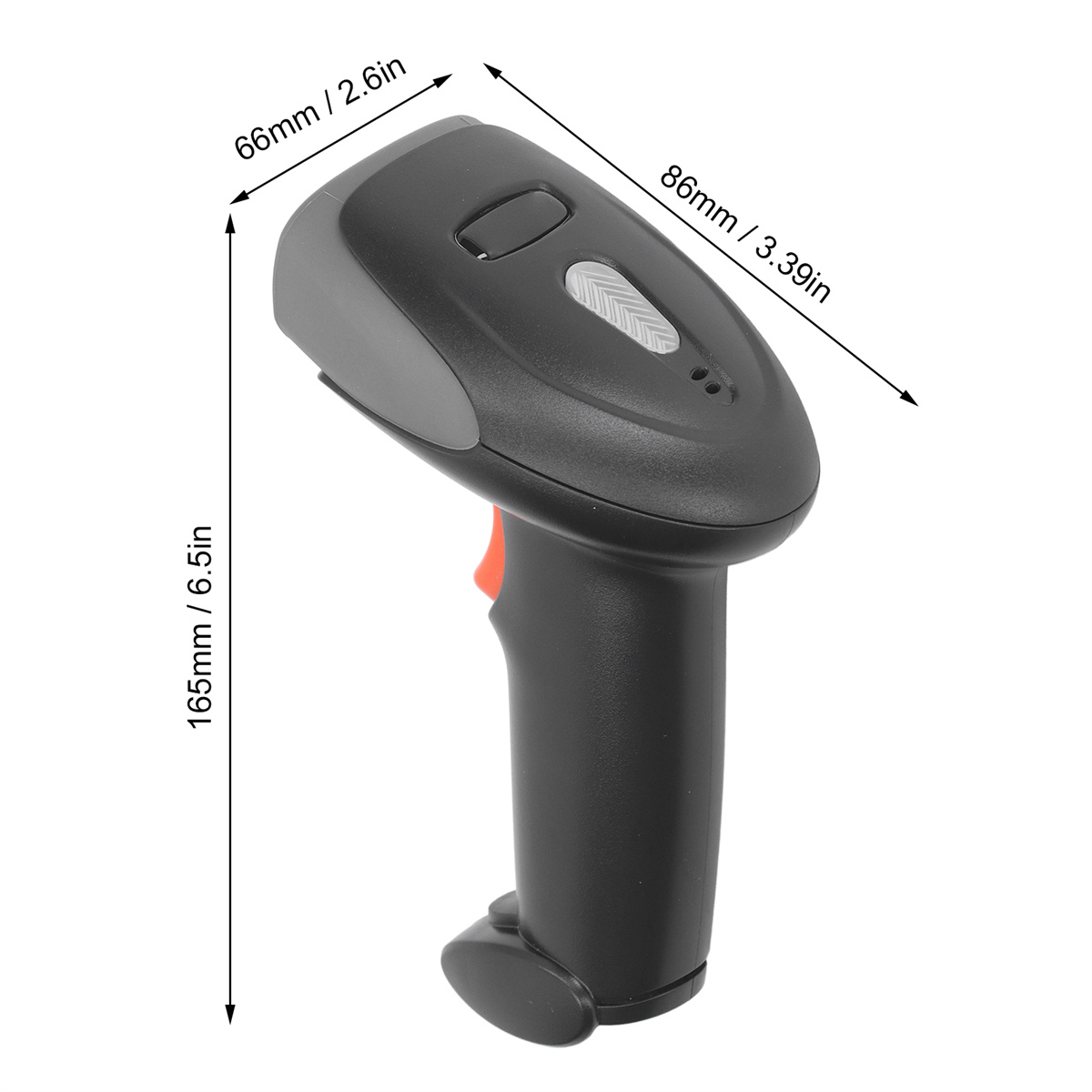 Ein schwarzer Barcode-Scanner mit Abmessungen, roter Taste und grauem Oberteil.
