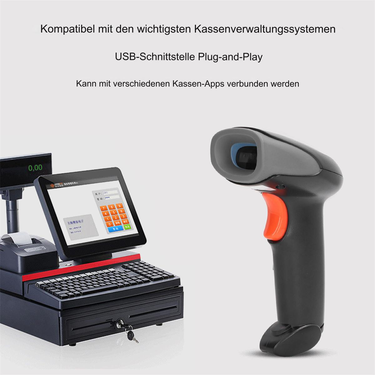 Registrierkasse mit Scanner. Monitor zeigt Zahlen. Scanner ist grau und orange.