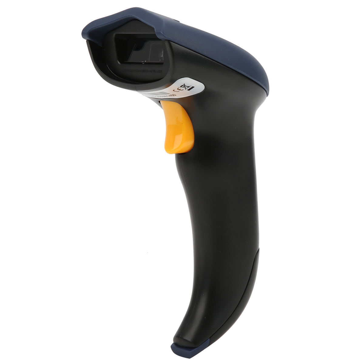 Handheld-Barcodescanner, schwarz mit gelbem Knopf und blauem Oberteil.