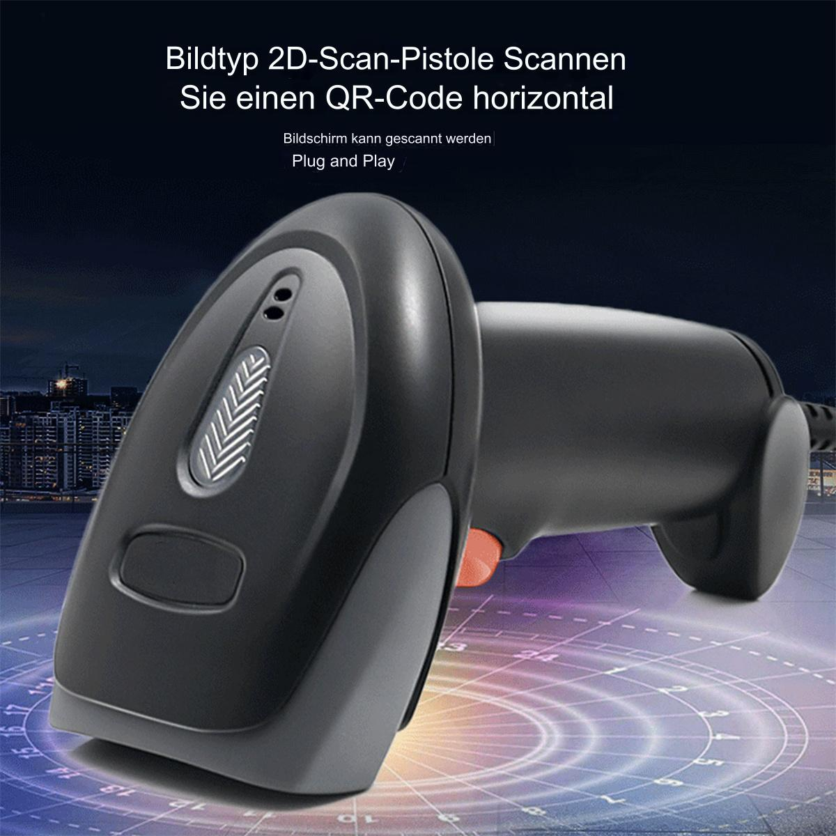Ein schwarzer Barcodescanner. Er hat eine rote Taste und graue Akzente. Text auf Deutsch steht darüber.