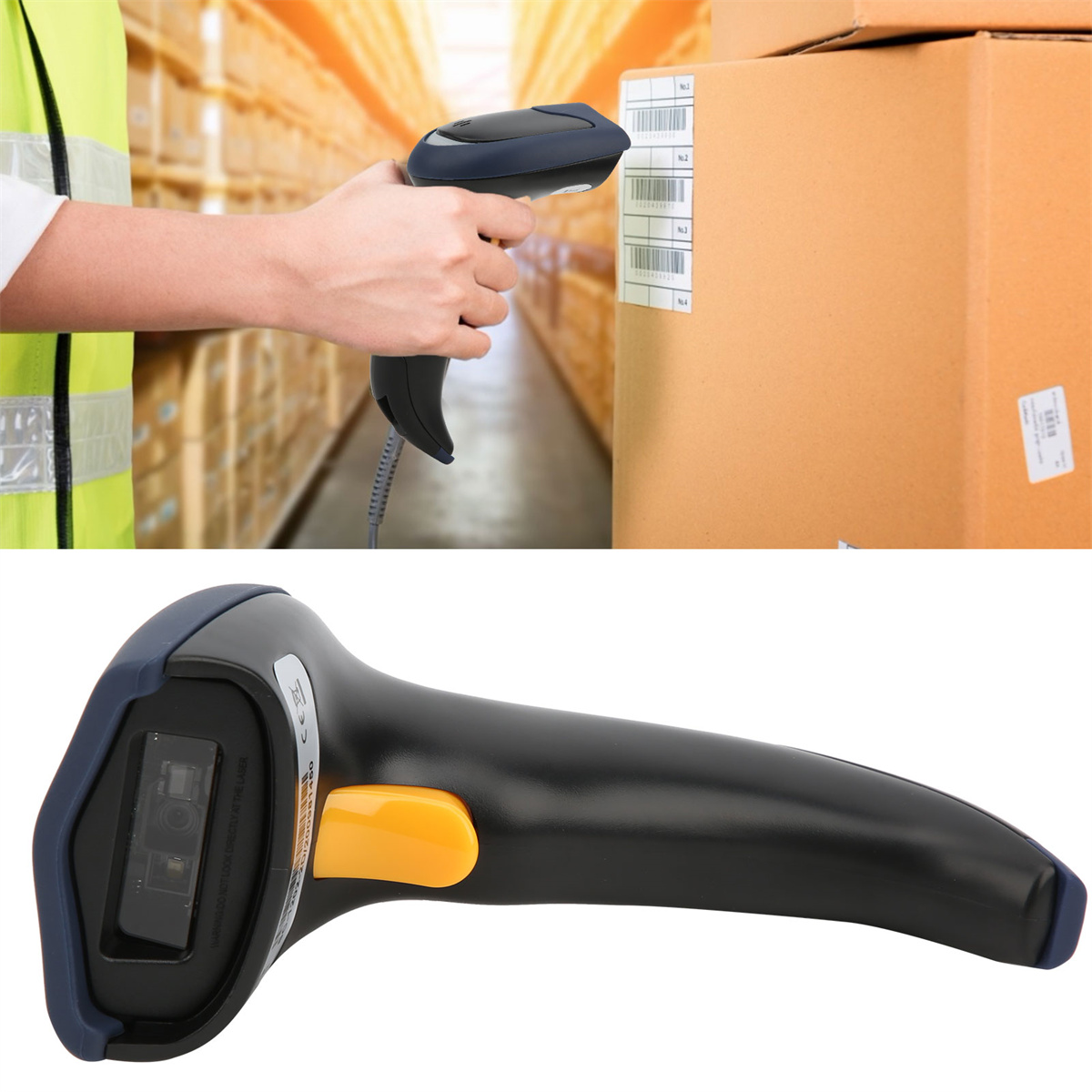 Eine Person scannt einen Barcode auf einem Karton in einem Lager mit einem schwarz-blauen Scanner.