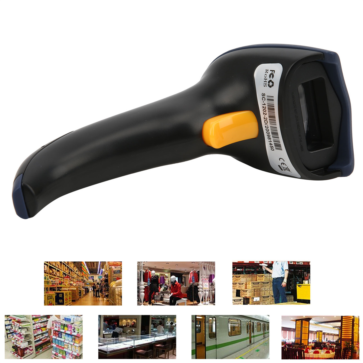 Schwarzer Barcode-Scanner mit gelber Taste, Szenen aus Einzelhandel und öffentlichen Orten.