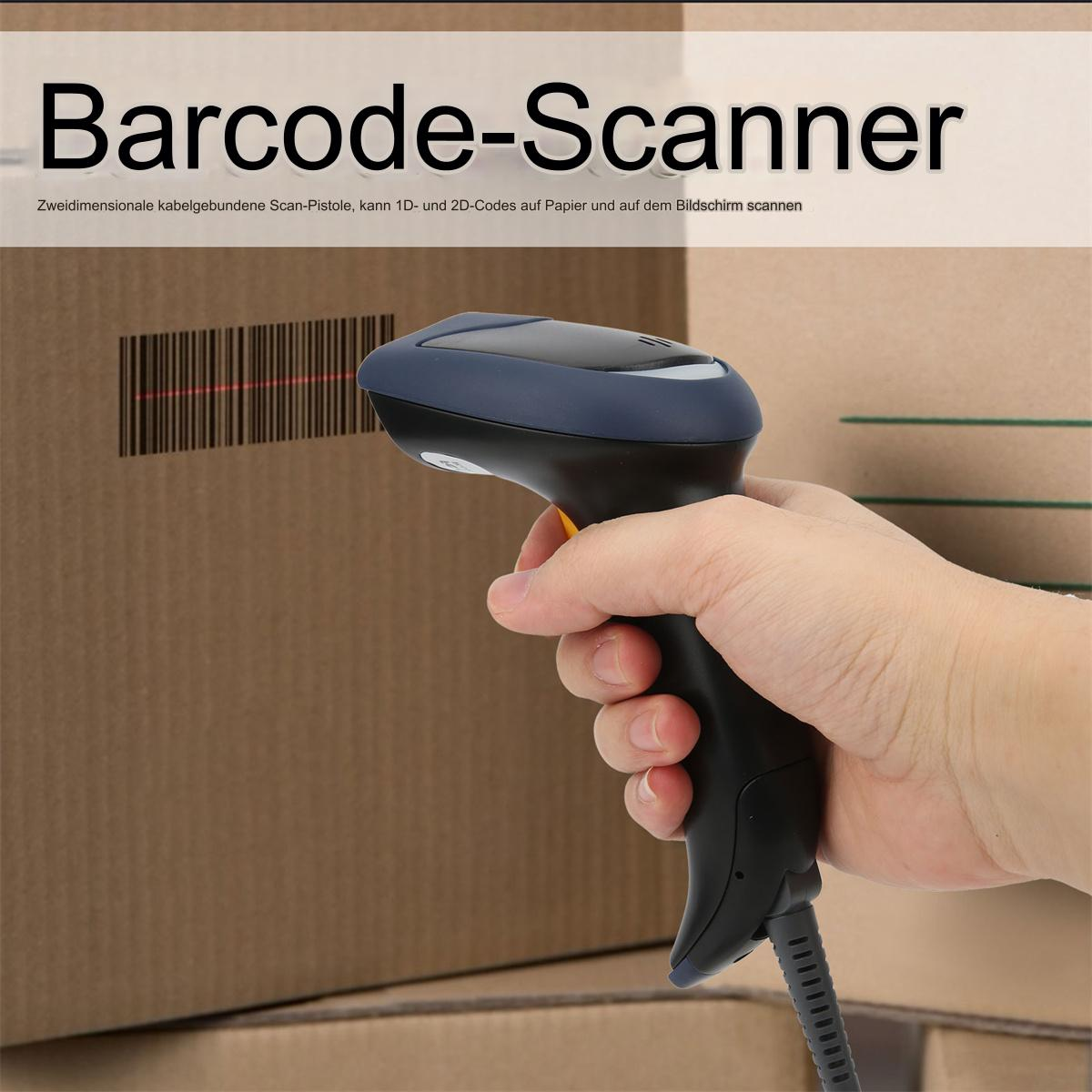 Eine Hand, die einen Barcode-Scanner hält. Ein Barcode wird von einer Box gescannt.