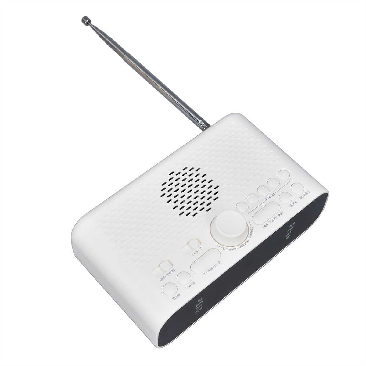 Ein weißes Radio mit Antenne und mehreren Knöpfen. Das Radio hat eine Uhr und einen Lautsprechergrill.