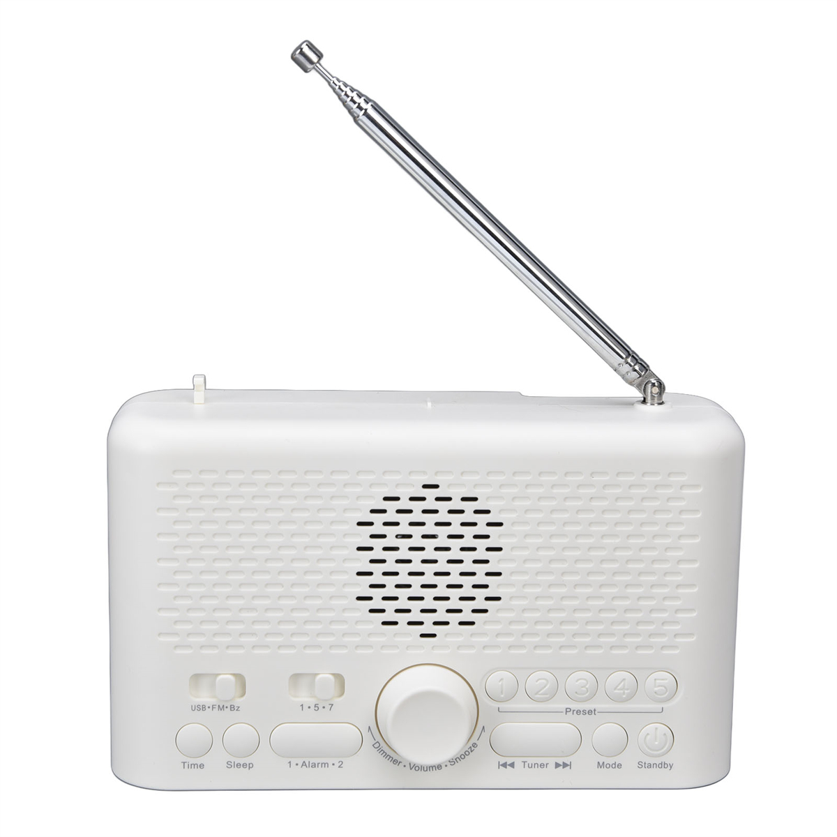 Weißes Retro-Radio mit Silberantenne. Es hat Knöpfe und einen Lautstärkeregler.