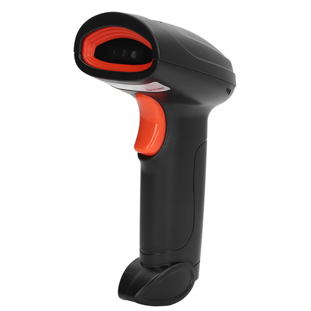 Ein schwarzer Barcode-Scanner mit einem orangefarbenen Auslöser und einem roten Innenraum. Er ist zum Scannen abgewinkelt.