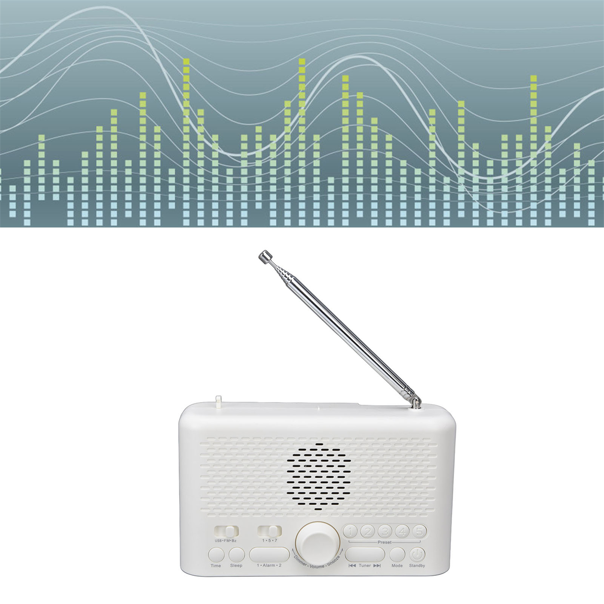 Weißes Radio mit Antenne. Grafik mit Schallwellen im Hintergrund.